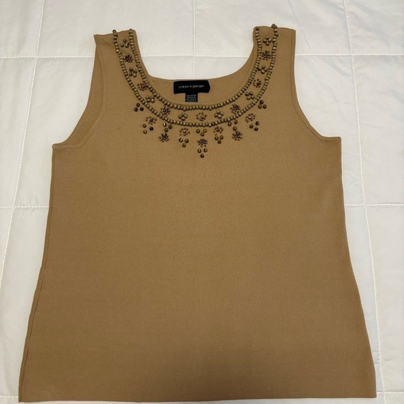 VINTAGE RARE FIND BEADED TOP IN EXCELLENT CONDITION TAN KNIT SLEEVELESS SIZE XL - Picture 3 of 5